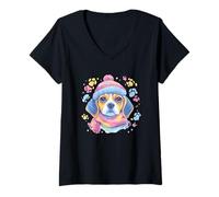 Women's Cute Bat Winter Portrait Colorful Fantasy Graphic Blue Pink V-Neck T-Shirt