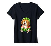 Women's Cute Beagle Cartoon Summer Watermelon Design V-Neck T-Shirt