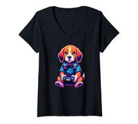 Women's Cute Beagle Playing Video Games Gamer Gaming V-Neck T-Shirt