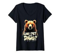 Women's Cute Bear Can I Pet Dat Dawg Campfire Adventure Outing V-Neck T-Shirt