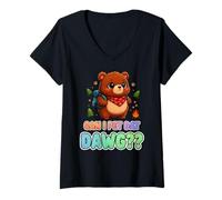 Women's Cute Bear Can I Pet Dat Dawg Campfire Adventure Outing V-Neck T-Shirt