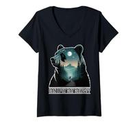 Women's Cute Bear Can I Pet Dat Dawg Campfire Adventure Outing V-Neck T-Shirt
