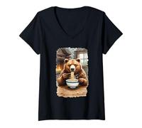 Womens Cute Bear Eating Ramen in Cabin Funny Animal Noodle Lover V-Neck T-Shirt