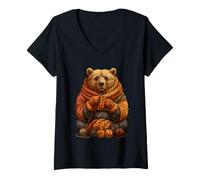Women's Cute Bear Knitting Cozy Autumn Animal Art Fall Aesthetic V-Neck T-Shirt