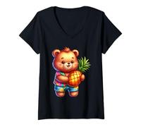Women's Cute Bear Pineapple Tropical Island Character V-Neck T-Shirt
