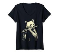 Women's Cute Bear Playing Flute Funny Musician Animal Flutist V-Neck T-Shirt