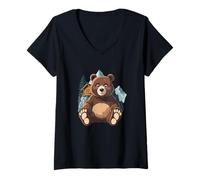 Women's Cute Bear with Mountain Cabin V-Neck T-Shirt