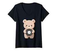 Women's Cute Bear with Vinyl Record V-Neck T-Shirt