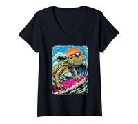 Women's Cute Bearded Dragon Surfing Wave Surfer Animal Sunset Beach V-Neck T-Shirt