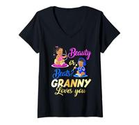 Womens Cute Beauty Or Beat Granny Loves You - Gender Reveal Party V-Neck T-Shirt