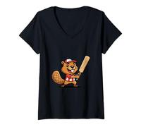 Women's Cute Beaver Playing Cricket Bat Winking Cartoon V-Neck T-Shirt