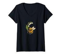 Womens Cute Bee Holding Lily of the Valley Flower Nature Aesthetic V-Neck T-Shirt