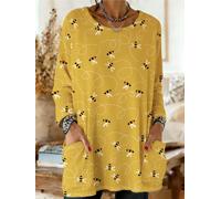 Women's Cute Bee Print Crew Neck Long Sleeve Flowy Casual Tunic | Loose tunic for women, cute bee allover print, long sleeve crew neck, casual daily pocket top