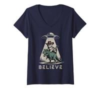 Womens Cute Believe Meowdy T-Rex Cat UFO Abduction Mom Space Meme V-Neck T-Shirt