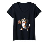 Women's Cute Bernese Mountain Dog Playing Football Funny Game Day Te V-Neck T-Shirt