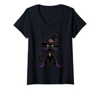 Women's Cute Black Cat Dressed As A Witch V-Neck T-Shirt