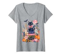 Women's Cute Black Cat Ghost Spell Books Pumpkin Halloween Design V-Neck T-Shirt