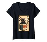 Womens Cute Black Cat in Sushi Roll Japanese Food Art V-Neck T-Shirt