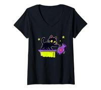 Women's Cute Black Cat Knocking Over Plant Pot Funny Mischievous Cat V-Neck T-Shirt