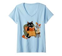 Women's Cute Black Cat Reading Book Autumn Fall Cozy Reading V-Neck T-Shirt
