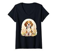 Women's Cute Black White & Tan Tricolor Beagle Puppy V-Neck T-Shirt