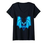 Womens Cute Blue Bat with Funny Wings V-Neck T-Shirt