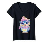 Women's Cute Blue Owl Winter Portrait Colorful Bird Graphic Baby V-Neck T-Shirt