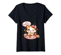 Women's Cute Boba Cat Kawaii Bubble Tea Kitten It's Boba Time V-Neck T-Shirt
