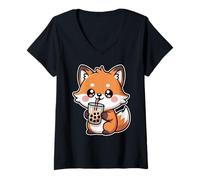 Women's Cute Boba Fox Drinking Bubble Tea Kawaii Anime V-Neck T-Shirt