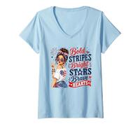 Women's Cute Bold Stripes Bright Stars Brave Hearts Patriotic Women V-Neck T-Shirt