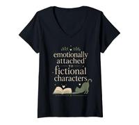 Women's Cute Book Lover Cat Reader Fiction Character Humor V-Neck T-Shirt