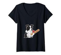 Women's Cute Border Collie Dog Playing Cricket Cricketer V-Neck T-Shirt