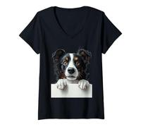 Women's Cute Border Collie Peeking Dog Lover Design V-Neck T-Shirt