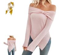 Womens Cute Bow Off Shoulder Knitted Sweater Tops,Asymmetrical Slim Fit Sweaters,Sexy Side Slit Long Sleeve Ribbed Pullover Pink