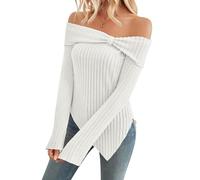 Womens Cute Bow Off Shoulder Knitted Sweater Tops, Sexy Side Slit Pullover Long Sleeve Asymmetrical Hem Knit Blouse (Medium,White)