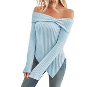 Womens Cute Bow Off Shoulder Knitted Sweater Tops, Sexy Side Slit Pullover Long Sleeve Asymmetrical Hem Knit Blouse (Large,Blue)