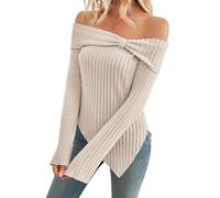 Womens Cute Bow Off Shoulder Knitted Sweater Tops, Sexy Side Slit Pullover Long Sleeve Asymmetrical Hem Knit Blouse (Medium,Apricot)