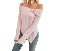 Womens Cute Bow Off Shoulder Knitted Sweater Tops, Sexy Side Slit Pullover Long Sleeve Asymmetrical Hem Knit Blouse (Small,Pink)
