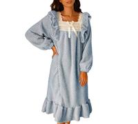 Women's Cute Bow Square Collar Flannel Pullover Sleep Dress Fluffy Loungewear Nightwear Ruffled Hem Long Sleeve Flannel Fuzzy Winter Warm Pyjamas Light Blue