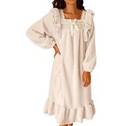 Women's Cute Bow Square Collar Flannel Pullover Sleep Dress Fluffy Loungewear Nightwear Ruffled Hem Long Sleeve Flannel Fuzzy Winter Warm Pyjamas Beige