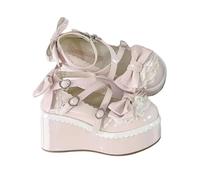 Women's Cute Bowknot Mary Jane Flat Shoes Sweet Lolita Style with Platform Heels Ankle Strap Closed Toe Candy Color Strappy Bow Lace Party Dress Shoes for Sweet Cool Girls