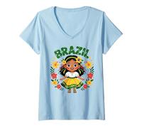 Womens Cute Brazil Girl Traditional Dress Flag Colors Art for Kids V-Neck T-Shirt