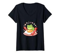 Womens Cute Breakfast Frog On Fried Egg with Bacon Hearts V-Neck T-Shirt