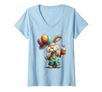 Women's Cute Bunny Balloons Cupcake Celebration V-Neck T-Shirt