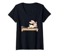 Women's Cute Bunny Doing Pilates Reformer Machine Easter Rabbit V-Neck T-Shirt