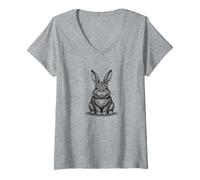 Women's Cute Bunny Rabbit, Vintage Minimalist Line Art V-Neck T-Shirt