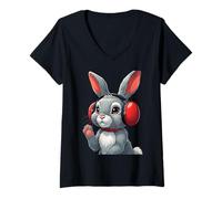 Womens Cute Bunny with Red Earmuffs and Soft Winter Look V-Neck T-Shirt