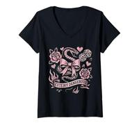 Womens Cute But Dangerous Snake Bow Tattoo Style Aesthetic Graphic V-Neck T-Shirt
