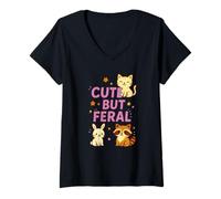Womens Cute But Feral Funny Racoon With cat & rabbit Toddler Girl V-Neck T-Shirt