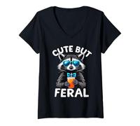 Womens Cute But Feral Raccoon Charm Statement Fun V-Neck T-Shirt